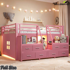 Bellemave® Low Loft Bed with Storage Drawers, Shelves & LED Lights, Metal Frame with Stair Storage and Underbed Play Space - Bellemave