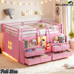 Bellemave® Low Loft Bed with Storage Drawers, Shelves & LED Lights, Metal Frame with Stair Storage and Underbed Play Space - Bellemave