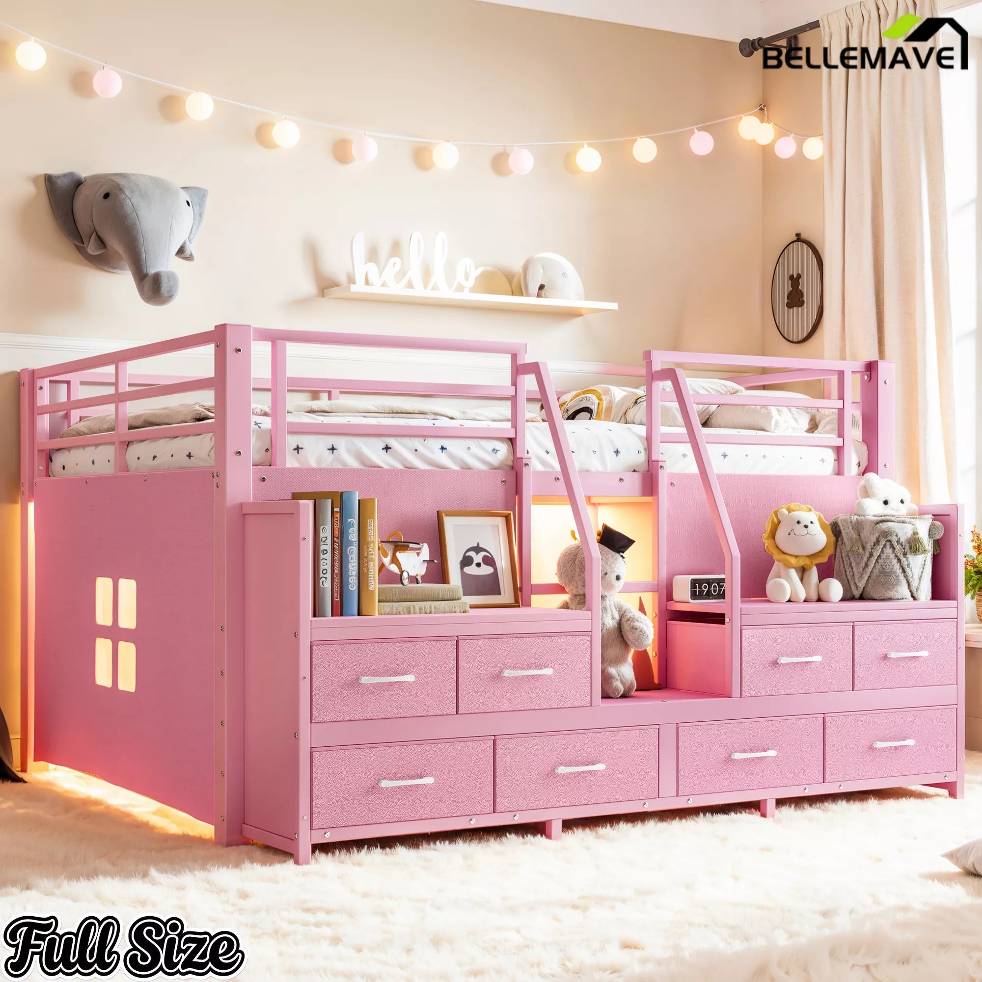 Bellemave® Low Loft Bed with Storage Drawers, Shelves & LED Lights, Metal Frame with Stair Storage and Underbed Play Space - Bellemave