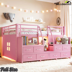 Bellemave® Low Loft Bed with Storage Drawers, Shelves & LED Lights, Metal Frame with Stair Storage and Underbed Play Space - Bellemave