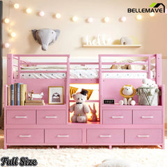 Bellemave® Low Loft Bed with Storage Drawers, Shelves & LED Lights, Metal Frame with Stair Storage and Underbed Play Space - Bellemave