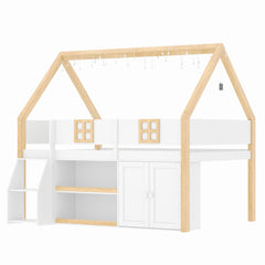 Bellemave® Low Loft Bed with Storage Shelves and Cabinets, Wood House Loft Bed with Ladder and LED Light, White and Natural - Bellemave