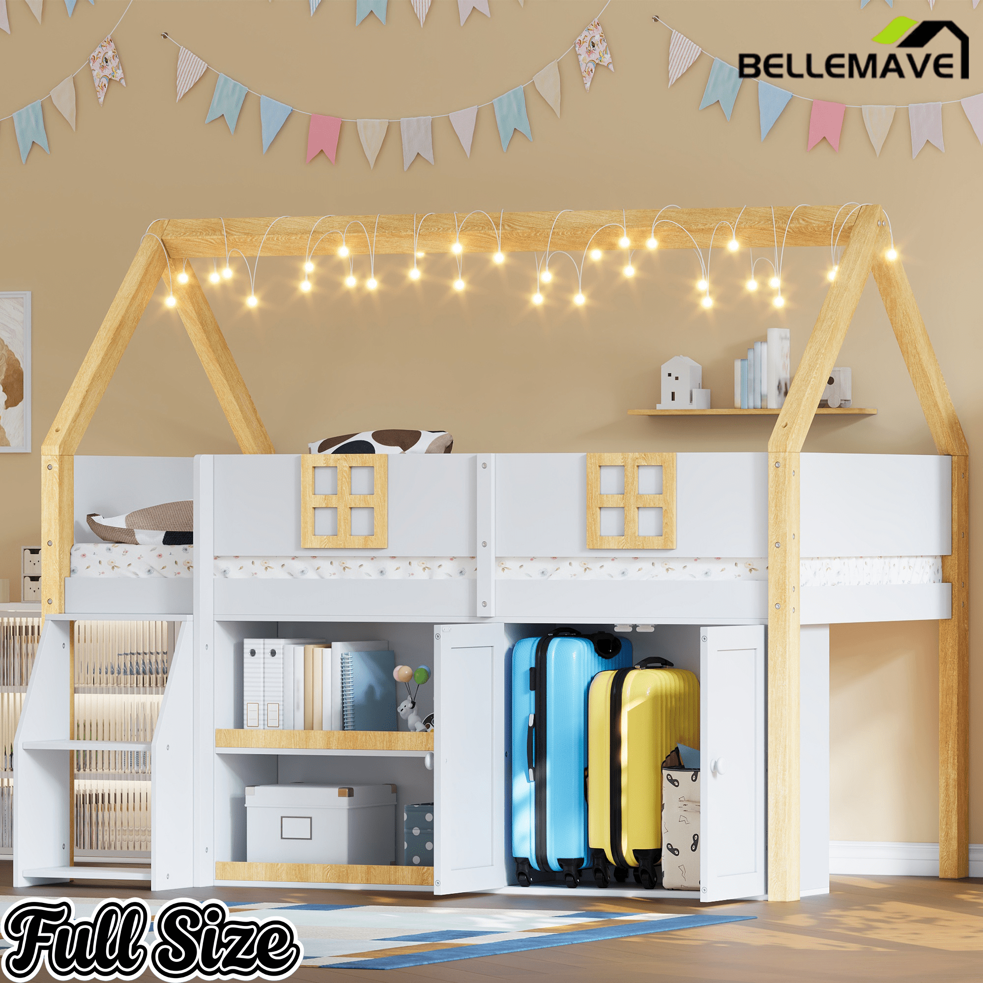Bellemave® Low Loft Bed with Storage Shelves and Cabinets, Wood House Loft Bed with Ladder and LED Light, White and Natural - Bellemave