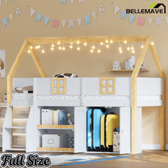 Bellemave® Low Loft Bed with Storage Shelves and Cabinets, Wood House Loft Bed with Ladder and LED Light, White and Natural - Bellemave