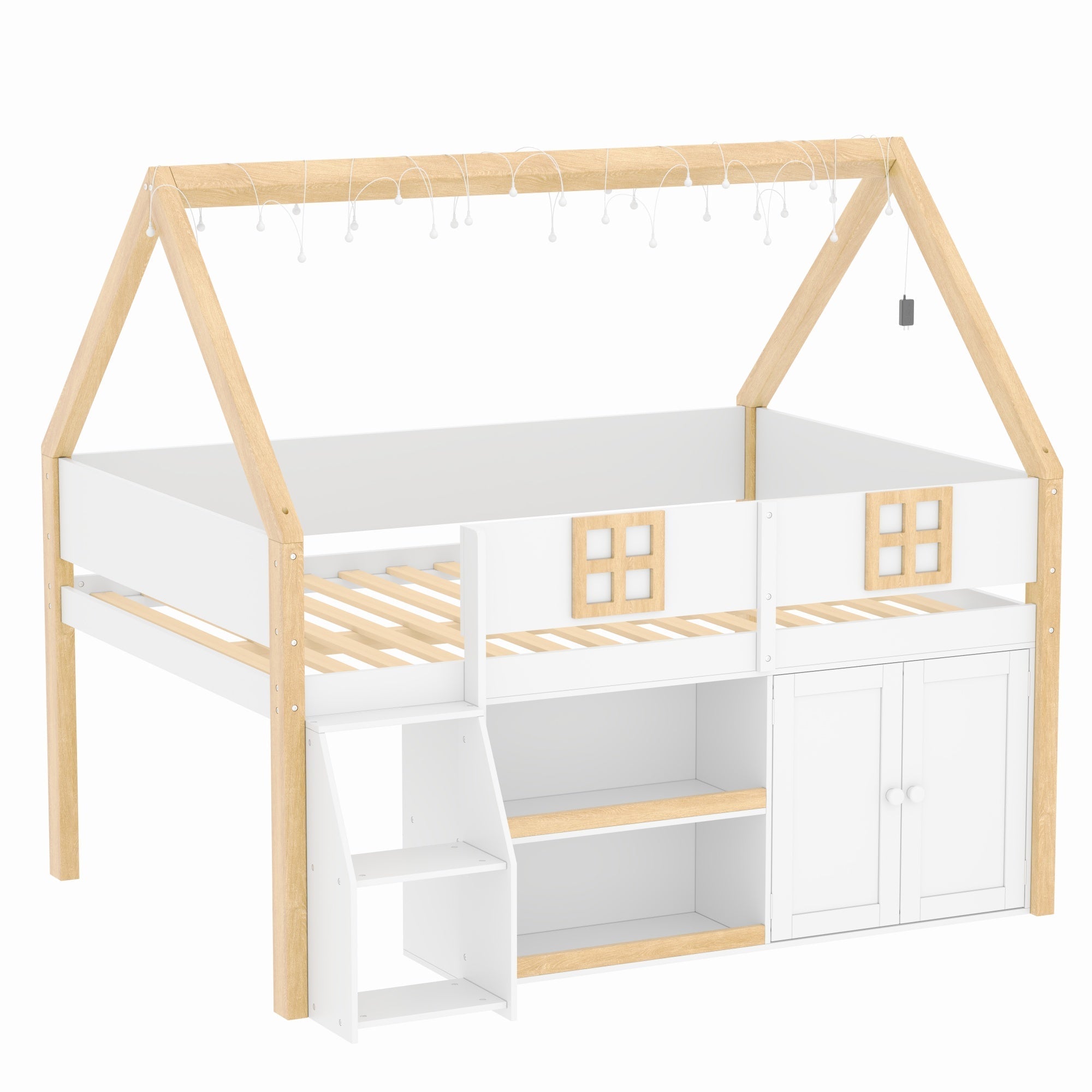 Bellemave® Low Loft Bed with Storage Shelves and Cabinets, Wood House Loft Bed with Ladder and LED Light, White and Natural - Bellemave