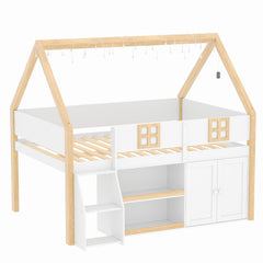 Bellemave® Low Loft Bed with Storage Shelves and Cabinets, Wood House Loft Bed with Ladder and LED Light, White and Natural - Bellemave