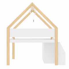 Bellemave® Low Loft Bed with Storage Shelves and Cabinets, Wood House Loft Bed with Ladder and LED Light, White and Natural - Bellemave