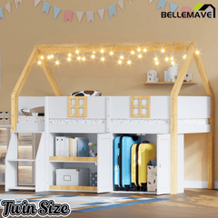 Bellemave® Low Loft Bed with Storage Shelves and Cabinets, Wood House Loft Bed with Ladder and LED Light, White and Natural - Bellemave