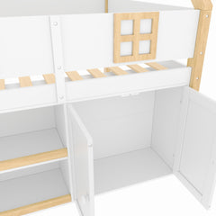 Bellemave® Low Loft Bed with Storage Shelves and Cabinets, Wood House Loft Bed with Ladder and LED Light, White and Natural - Bellemave