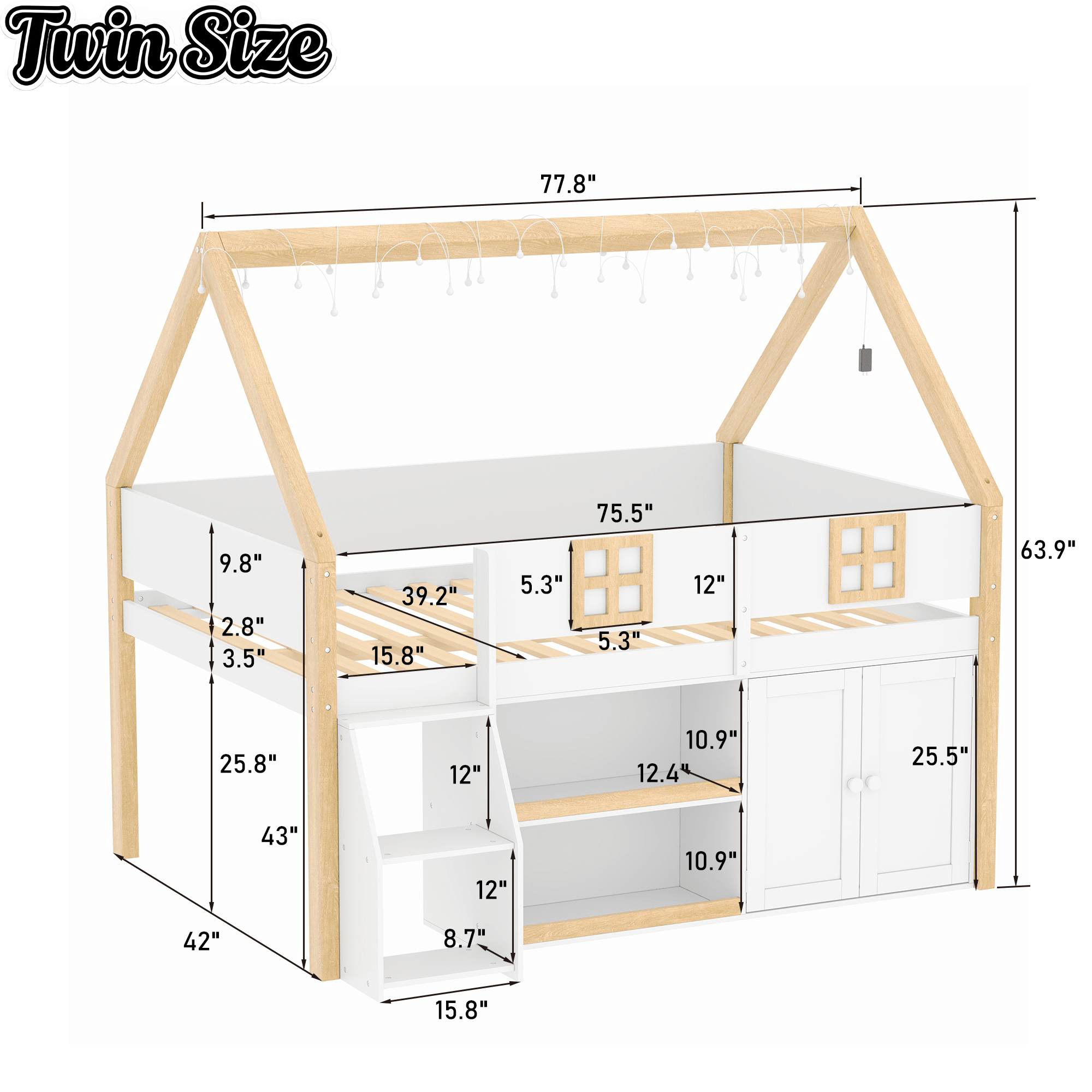 Bellemave® Low Loft Bed with Storage Shelves and Cabinets, Wood House Loft Bed with Ladder and LED Light, White and Natural - Bellemave