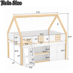 Bellemave® Low Loft Bed with Storage Shelves and Cabinets, Wood House Loft Bed with Ladder and LED Light, White and Natural - Bellemave