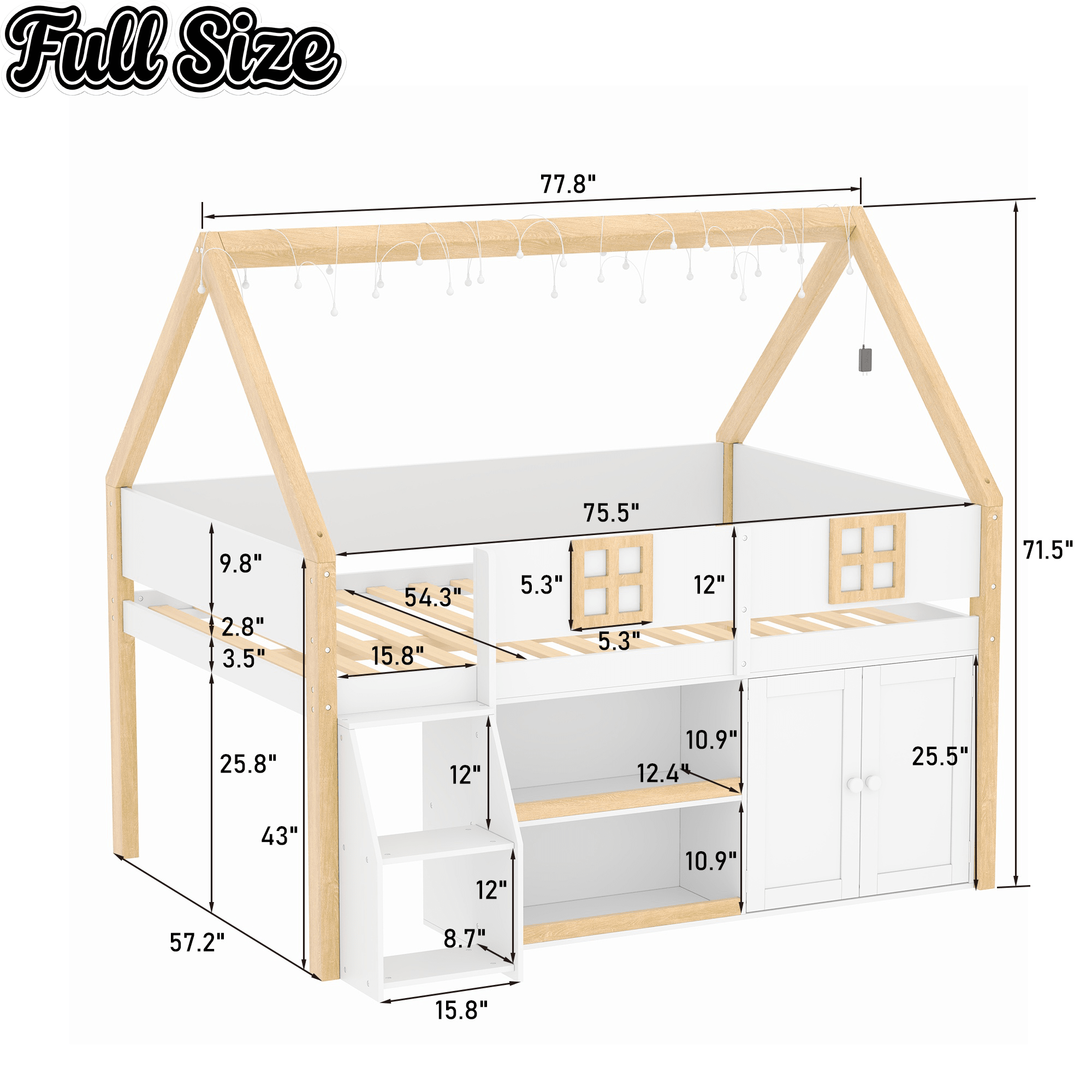 Bellemave® Low Loft Bed with Storage Shelves and Cabinets, Wood House Loft Bed with Ladder and LED Light, White and Natural - Bellemave