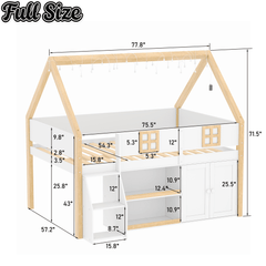 Bellemave® Low Loft Bed with Storage Shelves and Cabinets, Wood House Loft Bed with Ladder and LED Light, White and Natural - Bellemave