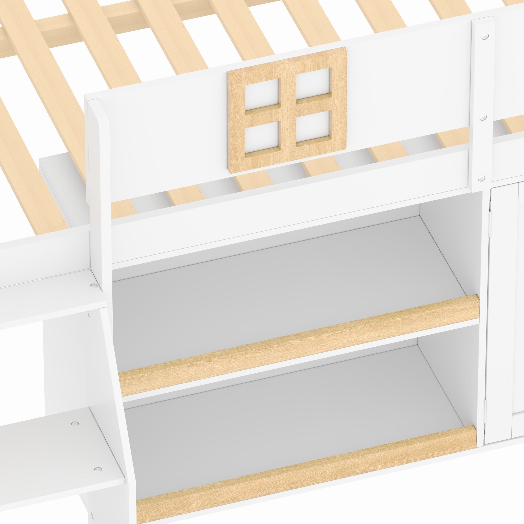 Bellemave® Low Loft Bed with Storage Shelves and Cabinets, Wood House Loft Bed with Ladder and LED Light, White and Natural - Bellemave