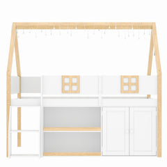 Bellemave® Low Loft Bed with Storage Shelves and Cabinets, Wood House Loft Bed with Ladder and LED Light, White and Natural - Bellemave