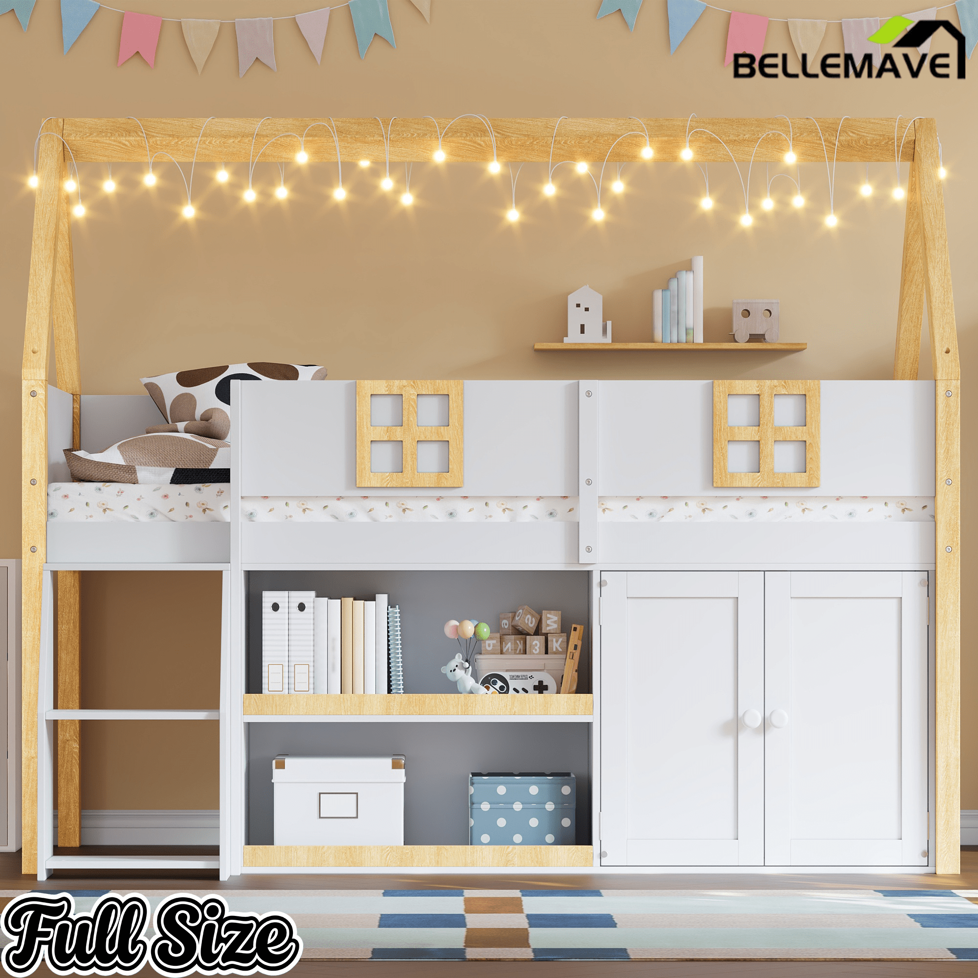 Bellemave® Low Loft Bed with Storage Shelves and Cabinets, Wood House Loft Bed with Ladder and LED Light, White and Natural - Bellemave