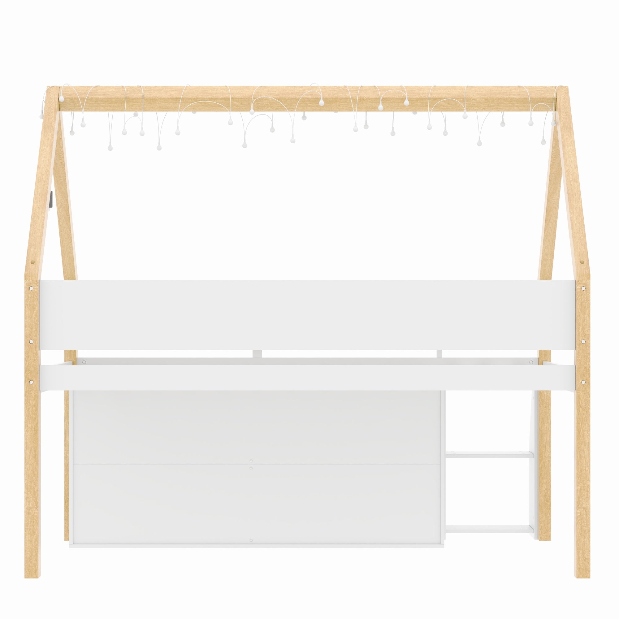 Bellemave® Low Loft Bed with Storage Shelves and Cabinets, Wood House Loft Bed with Ladder and LED Light, White and Natural - Bellemave