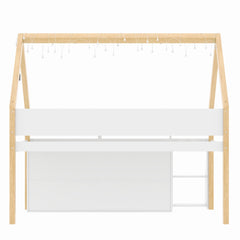 Bellemave® Low Loft Bed with Storage Shelves and Cabinets, Wood House Loft Bed with Ladder and LED Light, White and Natural - Bellemave