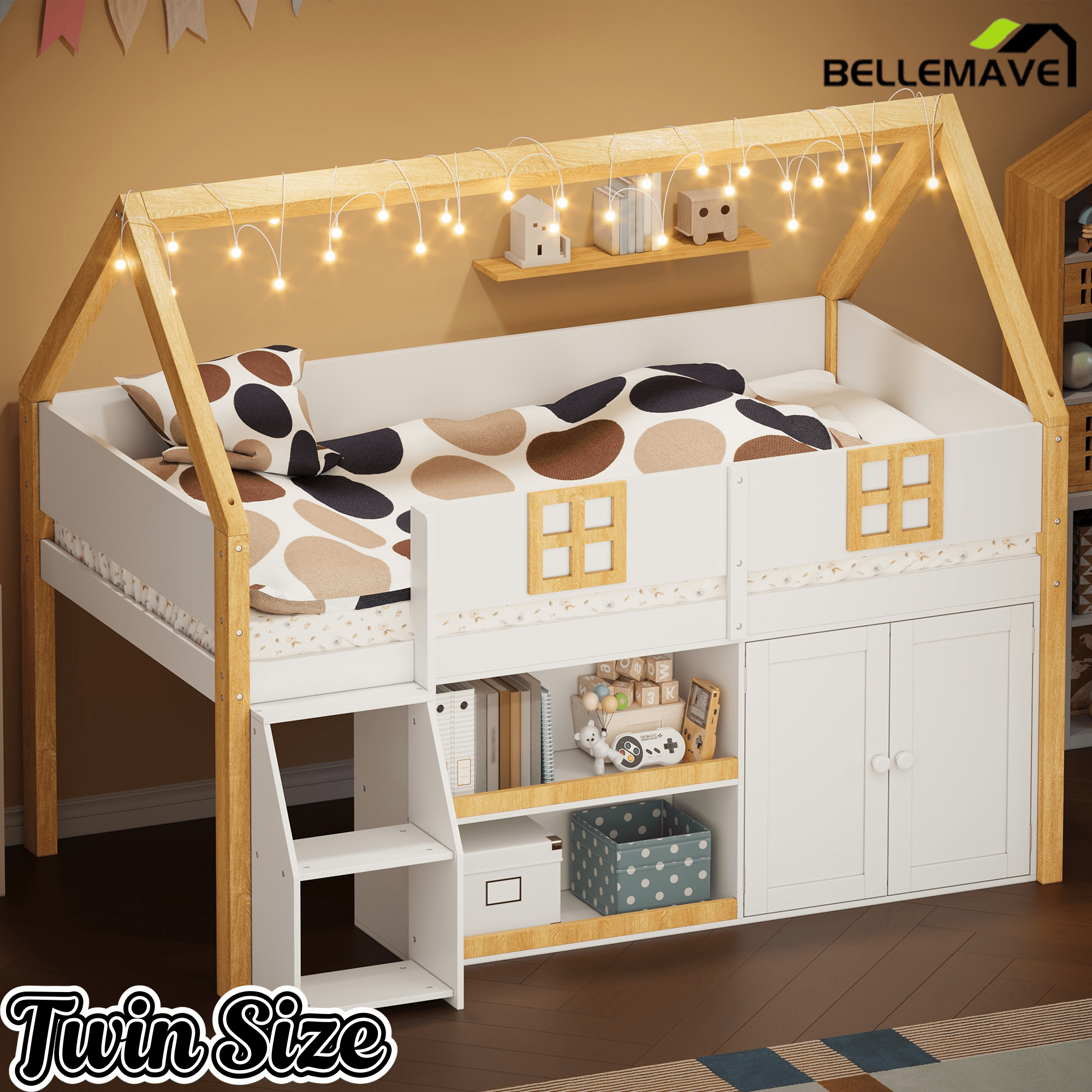 Bellemave® Low Loft Bed with Storage Shelves and Cabinets, Wood House Loft Bed with Ladder and LED Light, White and Natural - Bellemave