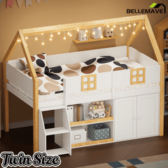 Bellemave® Low Loft Bed with Storage Shelves and Cabinets, Wood House Loft Bed with Ladder and LED Light, White and Natural - Bellemave