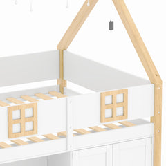 Bellemave® Low Loft Bed with Storage Shelves and Cabinets, Wood House Loft Bed with Ladder and LED Light, White and Natural - Bellemave