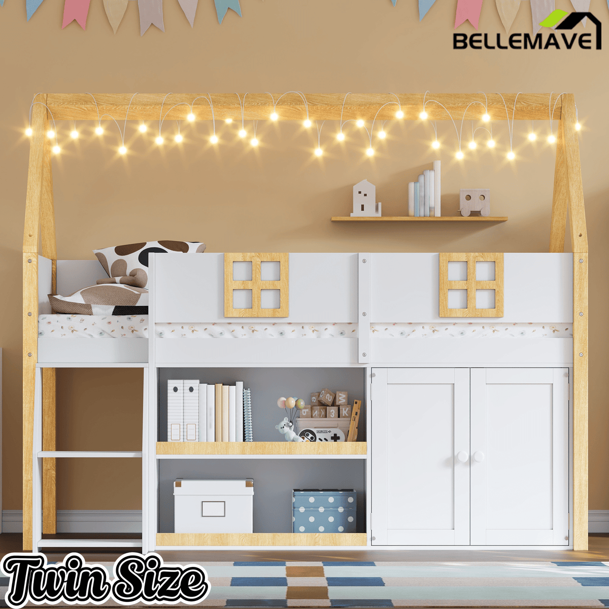 Bellemave® Low Loft Bed with Storage Shelves and Cabinets, Wood House Loft Bed with Ladder and LED Light, White and Natural - Bellemave