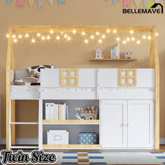 Bellemave® Low Loft Bed with Storage Shelves and Cabinets, Wood House Loft Bed with Ladder and LED Light, White and Natural - Bellemave