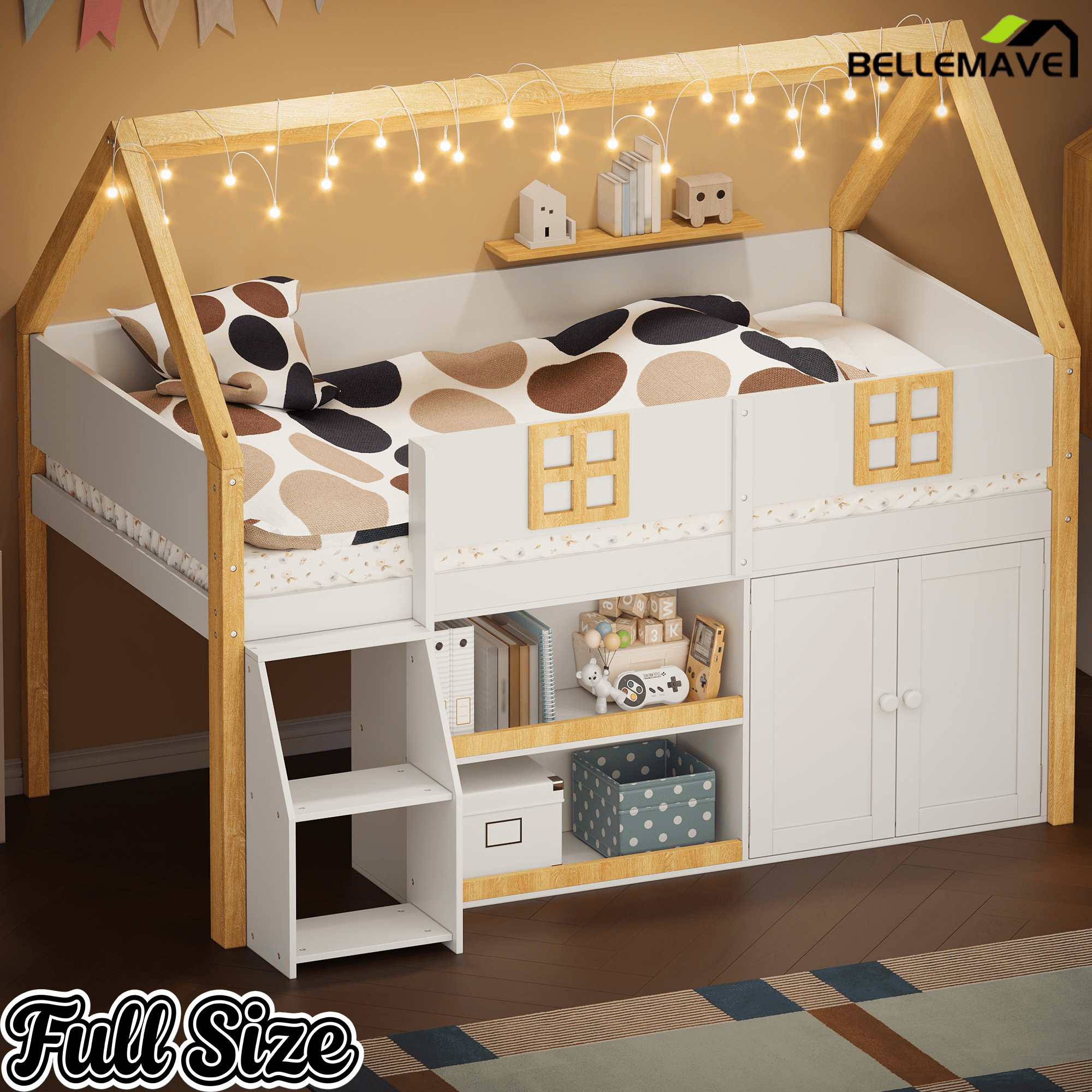 Bellemave® Low Loft Bed with Storage Shelves and Cabinets, Wood House Loft Bed with Ladder and LED Light, White and Natural - Bellemave