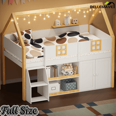 Bellemave® Low Loft Bed with Storage Shelves and Cabinets, Wood House Loft Bed with Ladder and LED Light, White and Natural - Bellemave
