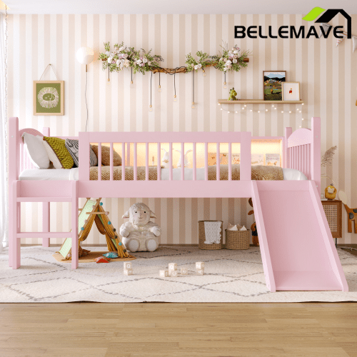 Bellemave® Low Loft Bed with Storage Shelves, Twin XL Solid Wood Loft Bed with LED Lights and Full - Length Rails, for Kids, Boys, Girls, Teens, Save Space,Easy Assemble(Twin XL,White) - Bellemave