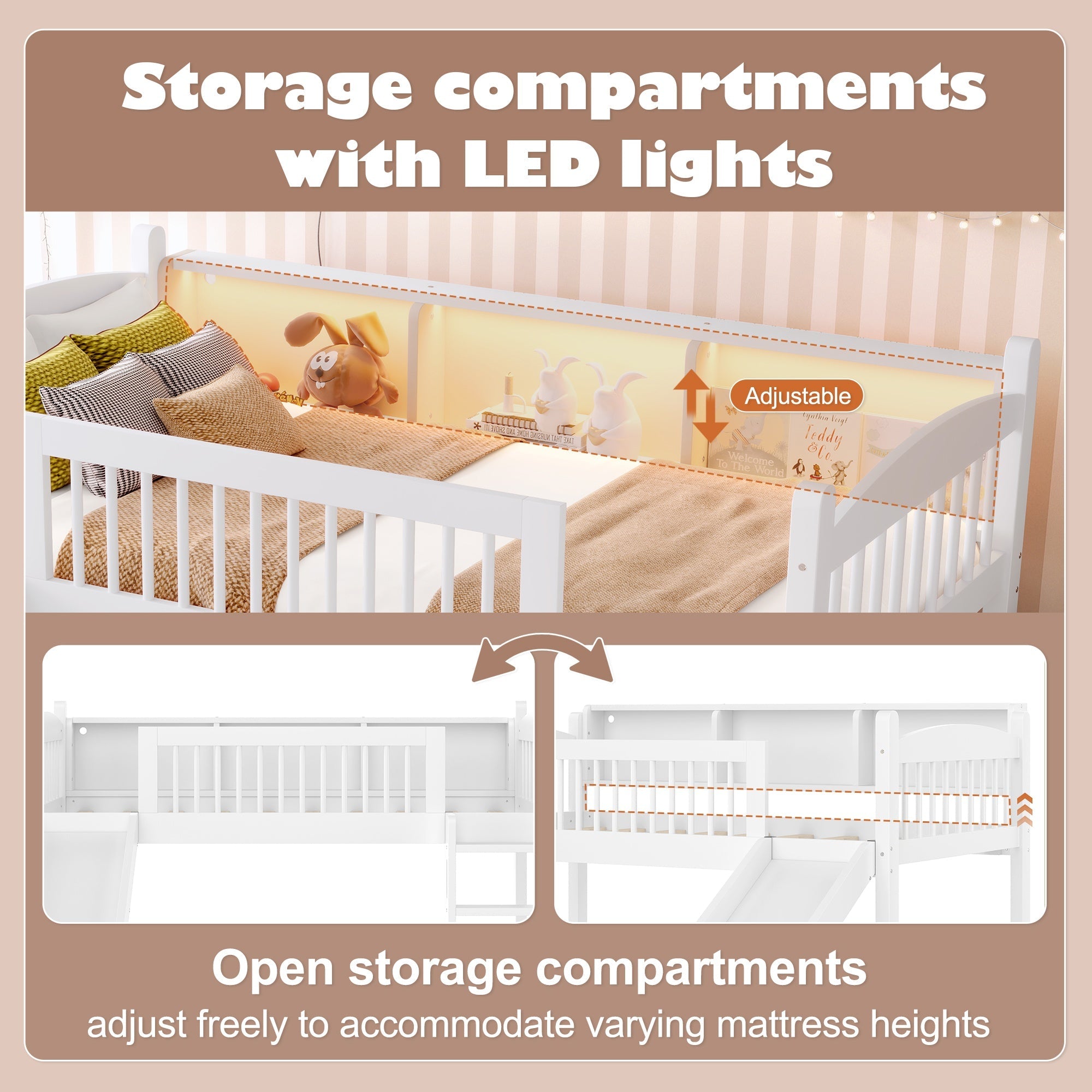 Bellemave® Low Loft Bed with Storage Shelves, Twin XL Solid Wood Loft Bed with LED Lights and Full - Length Rails, for Kids, Boys, Girls, Teens, Save Space,Easy Assemble(Twin XL,White) - Bellemave