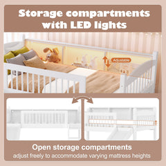 Bellemave® Low Loft Bed with Storage Shelves, Twin XL Solid Wood Loft Bed with LED Lights and Full - Length Rails, for Kids, Boys, Girls, Teens, Save Space,Easy Assemble(Twin XL,White) - Bellemave