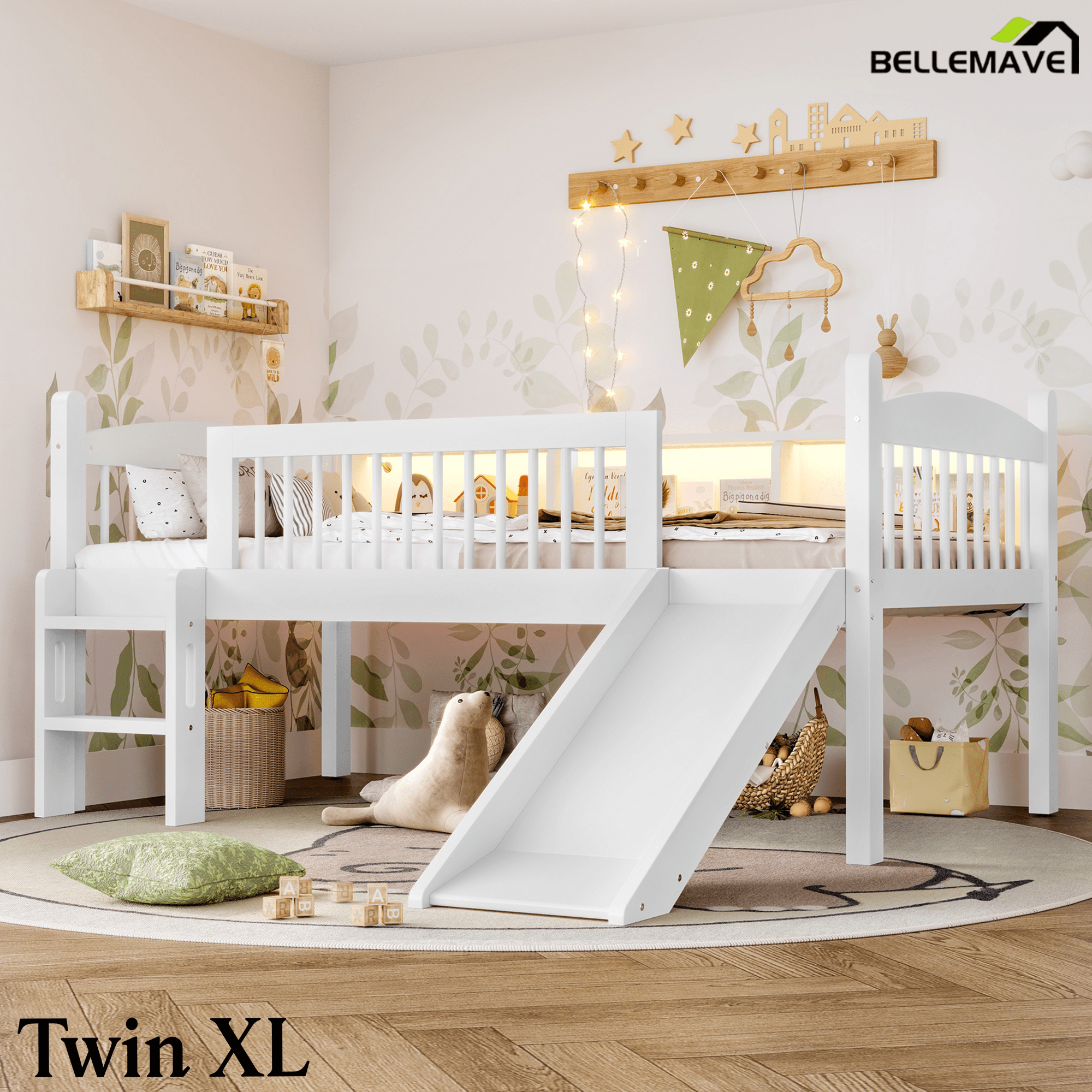 Bellemave® Low Loft Bed with Storage Shelves, Twin XL Solid Wood Loft Bed with LED Lights and Full - Length Rails, for Kids, Boys, Girls, Teens, Save Space,Easy Assemble(Twin XL,White) - Bellemave