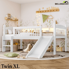 Bellemave® Low Loft Bed with Storage Shelves, Twin XL Solid Wood Loft Bed with LED Lights and Full - Length Rails, for Kids, Boys, Girls, Teens, Save Space,Easy Assemble(Twin XL,White) - Bellemave