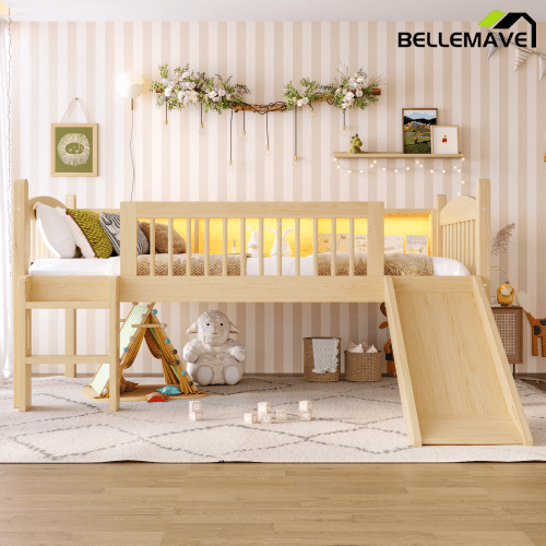 Bellemave® Low Loft Bed with Storage Shelves, Twin XL Solid Wood Loft Bed with LED Lights and Full - Length Rails, for Kids, Boys, Girls, Teens, Save Space,Easy Assemble(Twin XL,White) - Bellemave