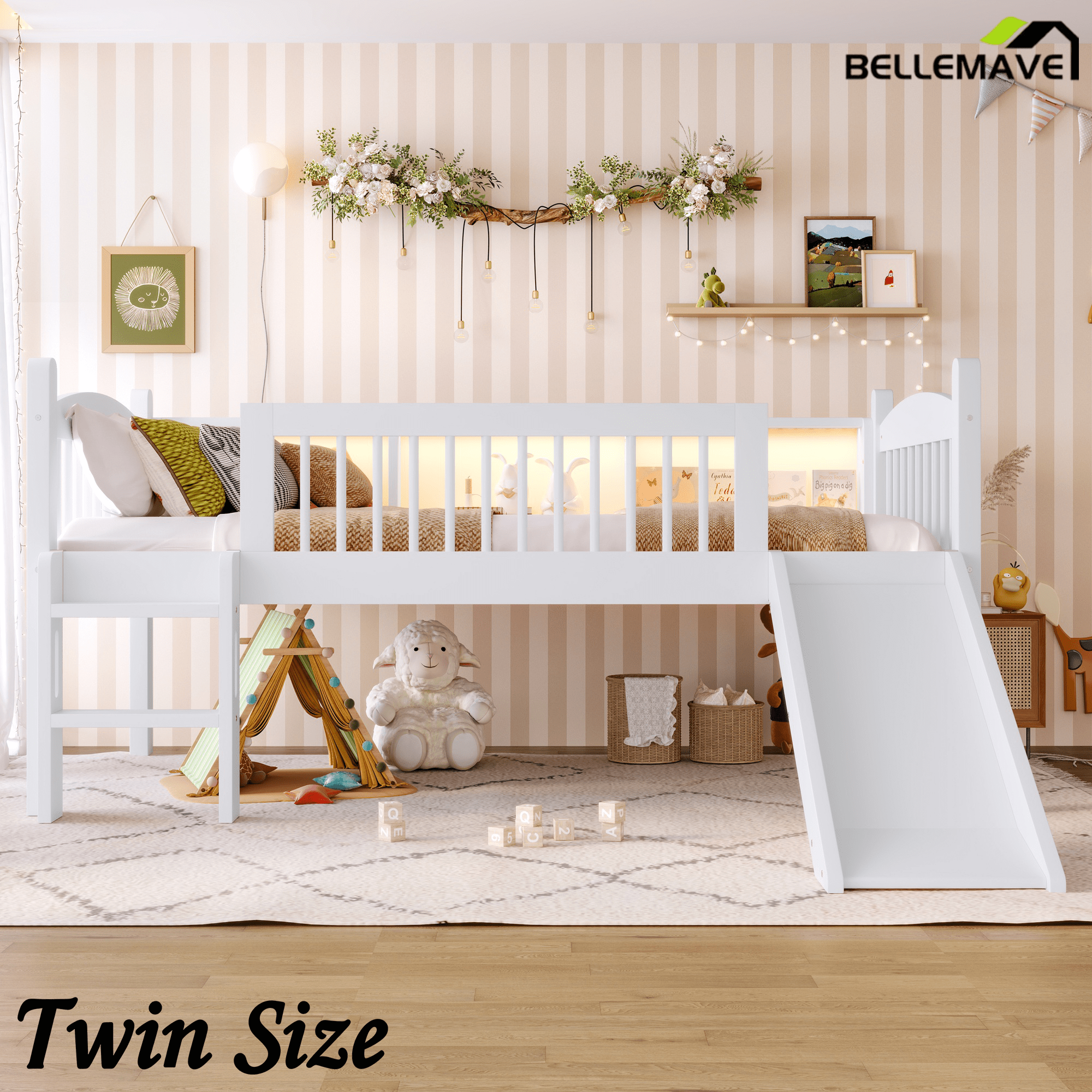 Bellemave® Low Loft Bed with Storage Shelves, Twin XL Solid Wood Loft Bed with LED Lights and Full - Length Rails, for Kids, Boys, Girls, Teens, Save Space,Easy Assemble(Twin XL,White) - Bellemave