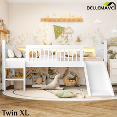 Bellemave® Low Loft Bed with Storage Shelves, Twin XL Solid Wood Loft Bed with LED Lights and Full - Length Rails, for Kids, Boys, Girls, Teens, Save Space,Easy Assemble(Twin XL,White) - Bellemave