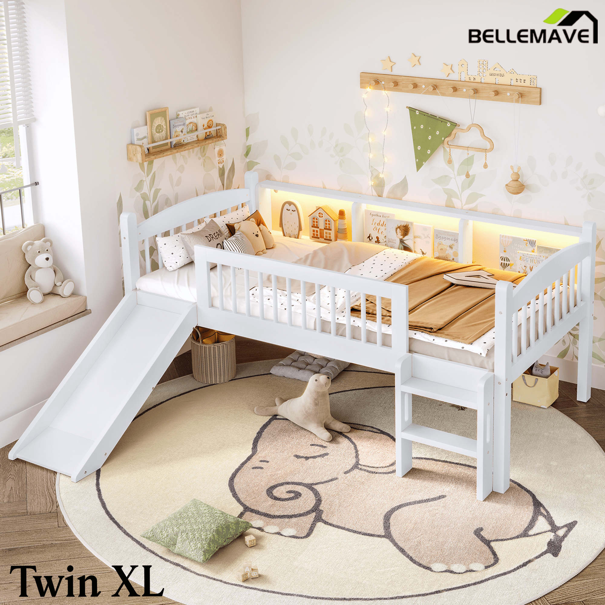 Bellemave® Low Loft Bed with Storage Shelves, Twin XL Solid Wood Loft Bed with LED Lights and Full - Length Rails, for Kids, Boys, Girls, Teens, Save Space,Easy Assemble(Twin XL,White) - Bellemave