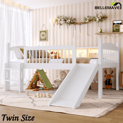 Bellemave® Low Loft Bed with Storage Shelves, Twin XL Solid Wood Loft Bed with LED Lights and Full - Length Rails, for Kids, Boys, Girls, Teens, Save Space,Easy Assemble(Twin XL,White) - Bellemave