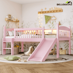 Bellemave® Low Loft Bed with Storage Shelves, Twin XL Solid Wood Loft Bed with LED Lights and Full - Length Rails, for Kids, Boys, Girls, Teens, Save Space,Easy Assemble(Twin XL,White) - Bellemave