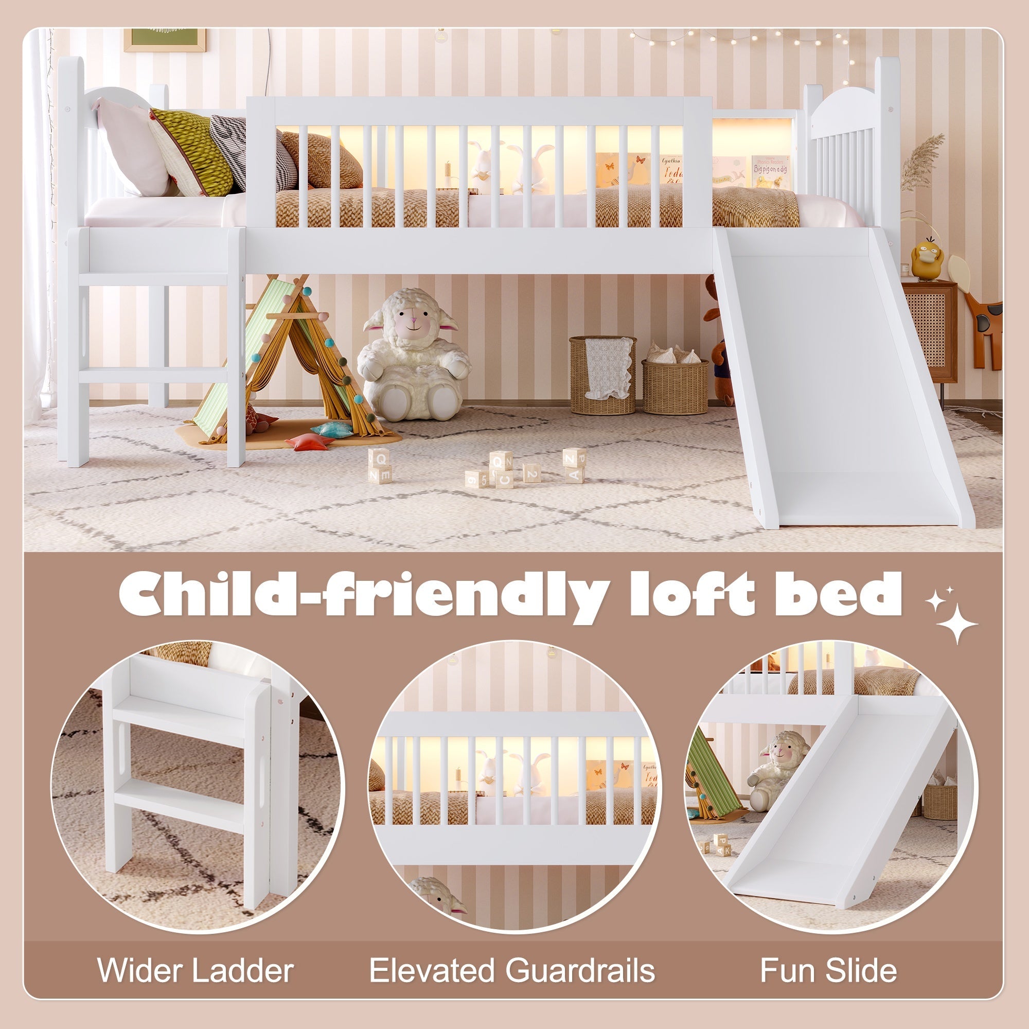 Bellemave® Low Loft Bed with Storage Shelves, Twin XL Solid Wood Loft Bed with LED Lights and Full - Length Rails, for Kids, Boys, Girls, Teens, Save Space,Easy Assemble(Twin XL,White) - Bellemave