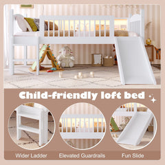 Bellemave® Low Loft Bed with Storage Shelves, Twin XL Solid Wood Loft Bed with LED Lights and Full - Length Rails, for Kids, Boys, Girls, Teens, Save Space,Easy Assemble(Twin XL,White) - Bellemave