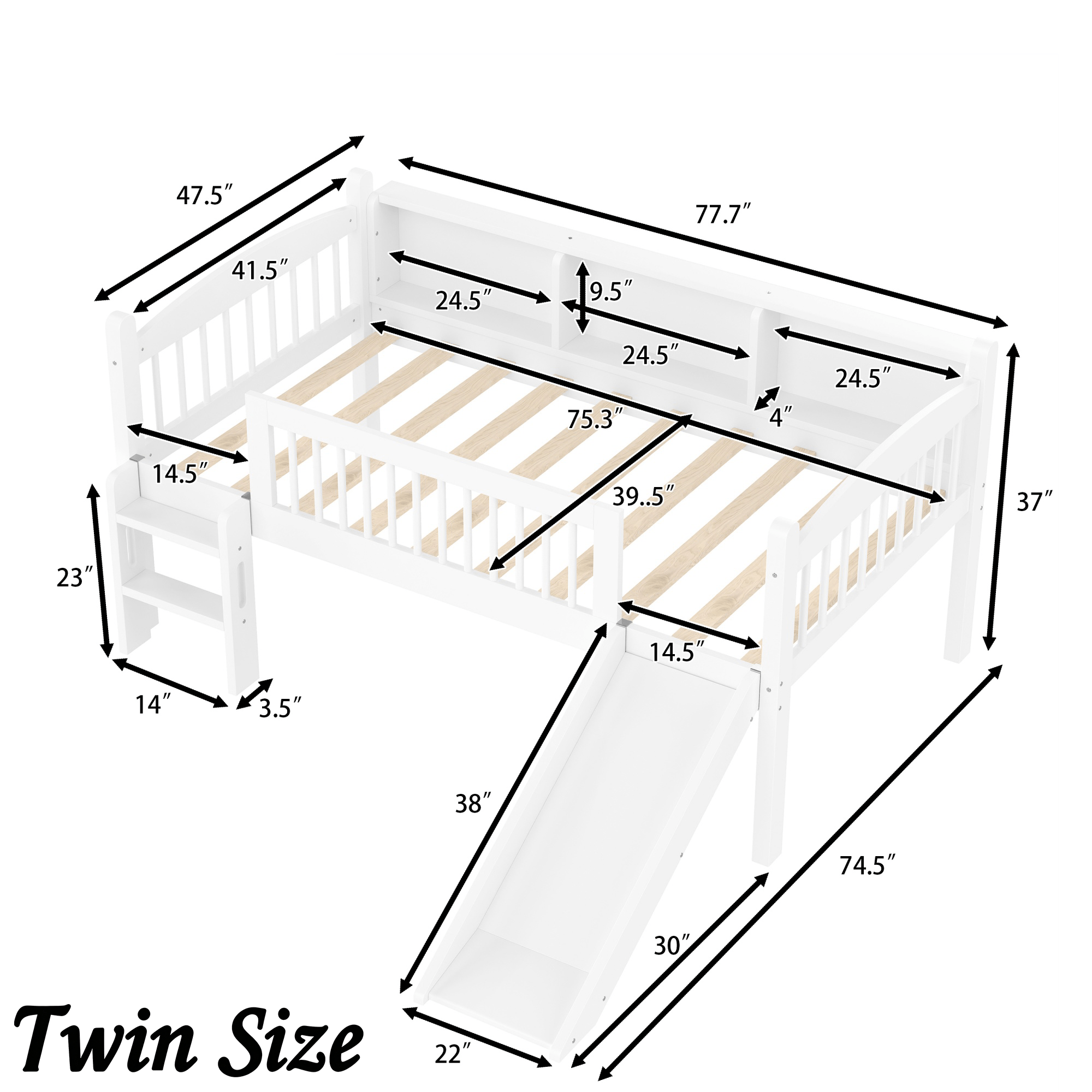 Bellemave® Low Loft Bed with Storage Shelves, Twin XL Solid Wood Loft Bed with LED Lights and Full - Length Rails, for Kids, Boys, Girls, Teens, Save Space,Easy Assemble(Twin XL,White) - Bellemave