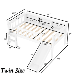 Bellemave® Low Loft Bed with Storage Shelves, Twin XL Solid Wood Loft Bed with LED Lights and Full - Length Rails, for Kids, Boys, Girls, Teens, Save Space,Easy Assemble(Twin XL,White) - Bellemave