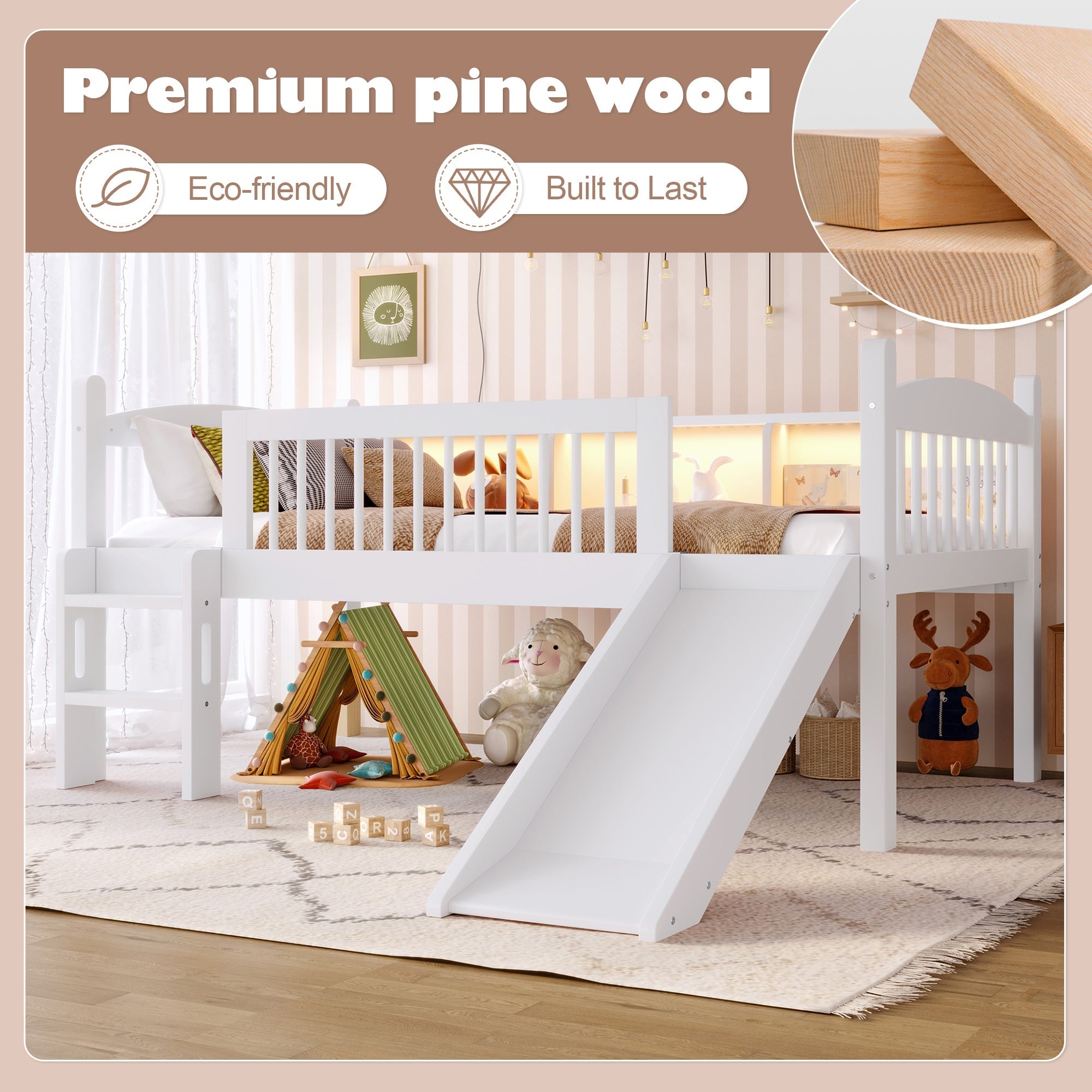Bellemave® Low Loft Bed with Storage Shelves, Twin XL Solid Wood Loft Bed with LED Lights and Full - Length Rails, for Kids, Boys, Girls, Teens, Save Space,Easy Assemble(Twin XL,White) - Bellemave