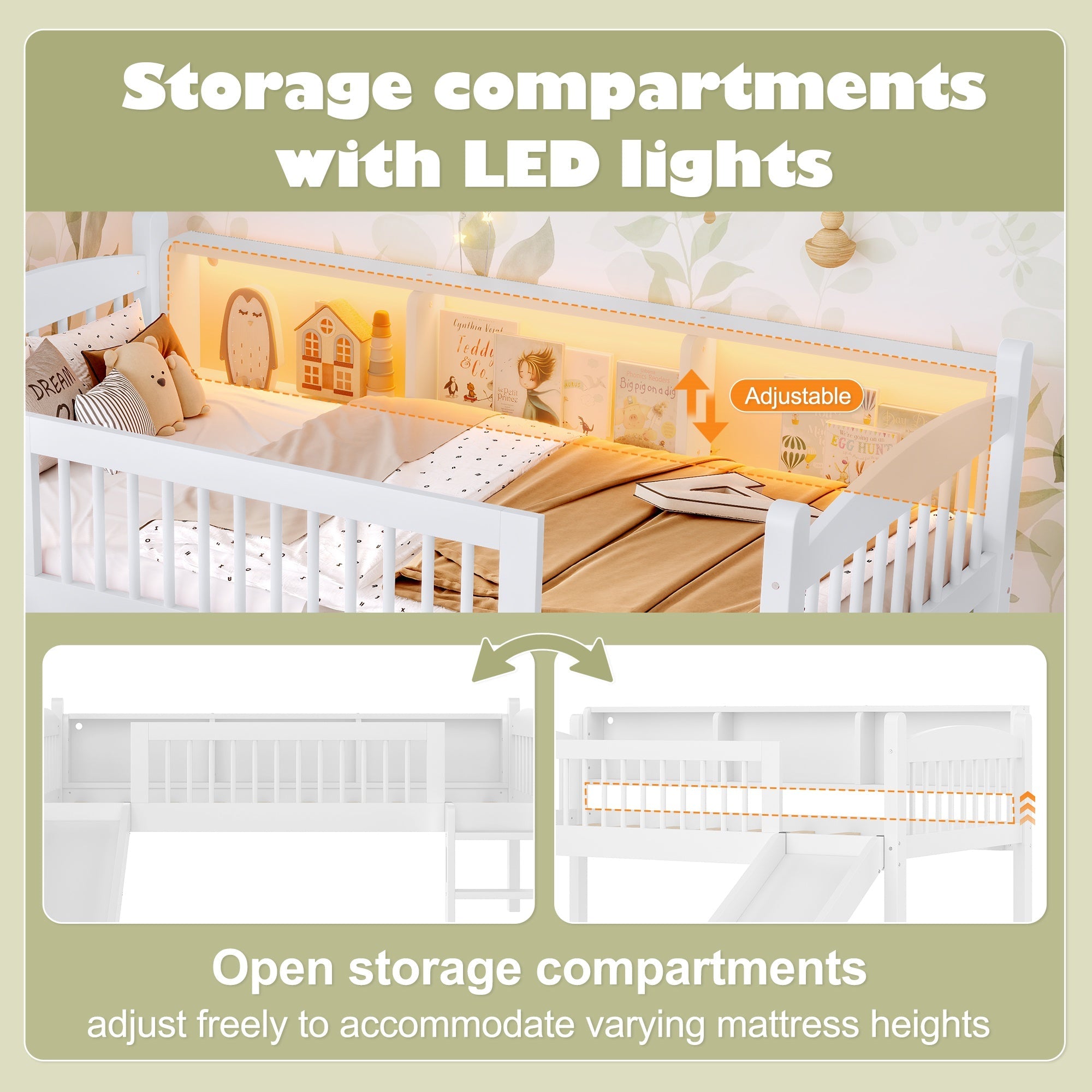 Bellemave® Low Loft Bed with Storage Shelves, Twin XL Solid Wood Loft Bed with LED Lights and Full - Length Rails, for Kids, Boys, Girls, Teens, Save Space,Easy Assemble(Twin XL,White) - Bellemave