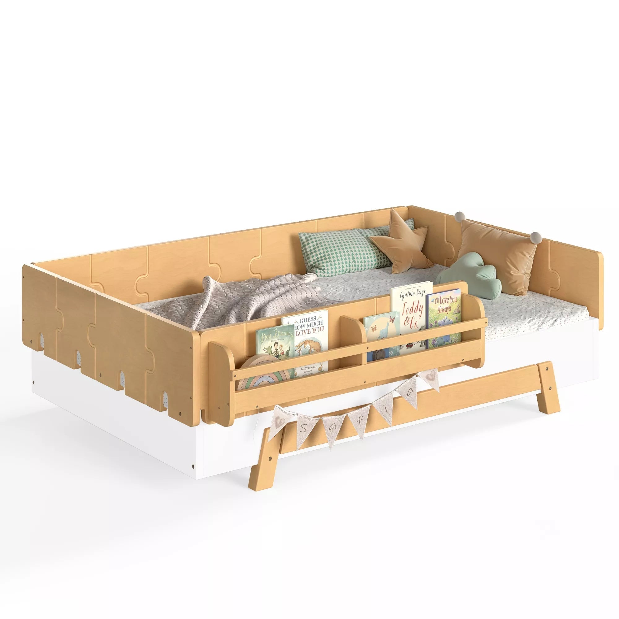 Bellemave® Low Profile Floor Bed with Bookshelves & Guardrails – Solid Wood Twin Montessori - Bellemave