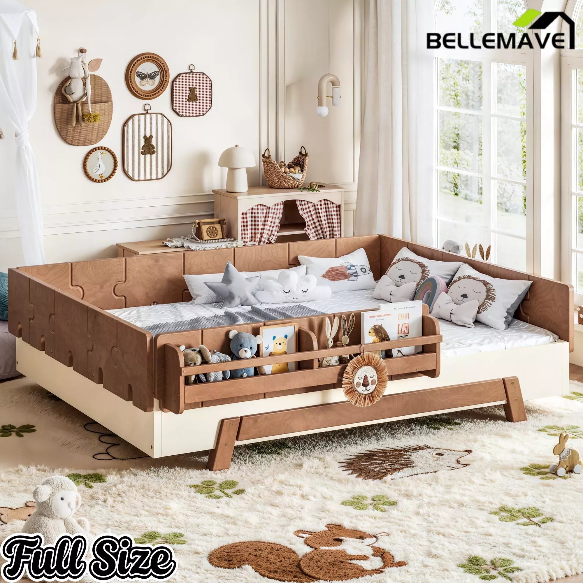 Bellemave® Low Profile Floor Bed with Bookshelves & Guardrails – Solid Wood Twin Montessori - Bellemave