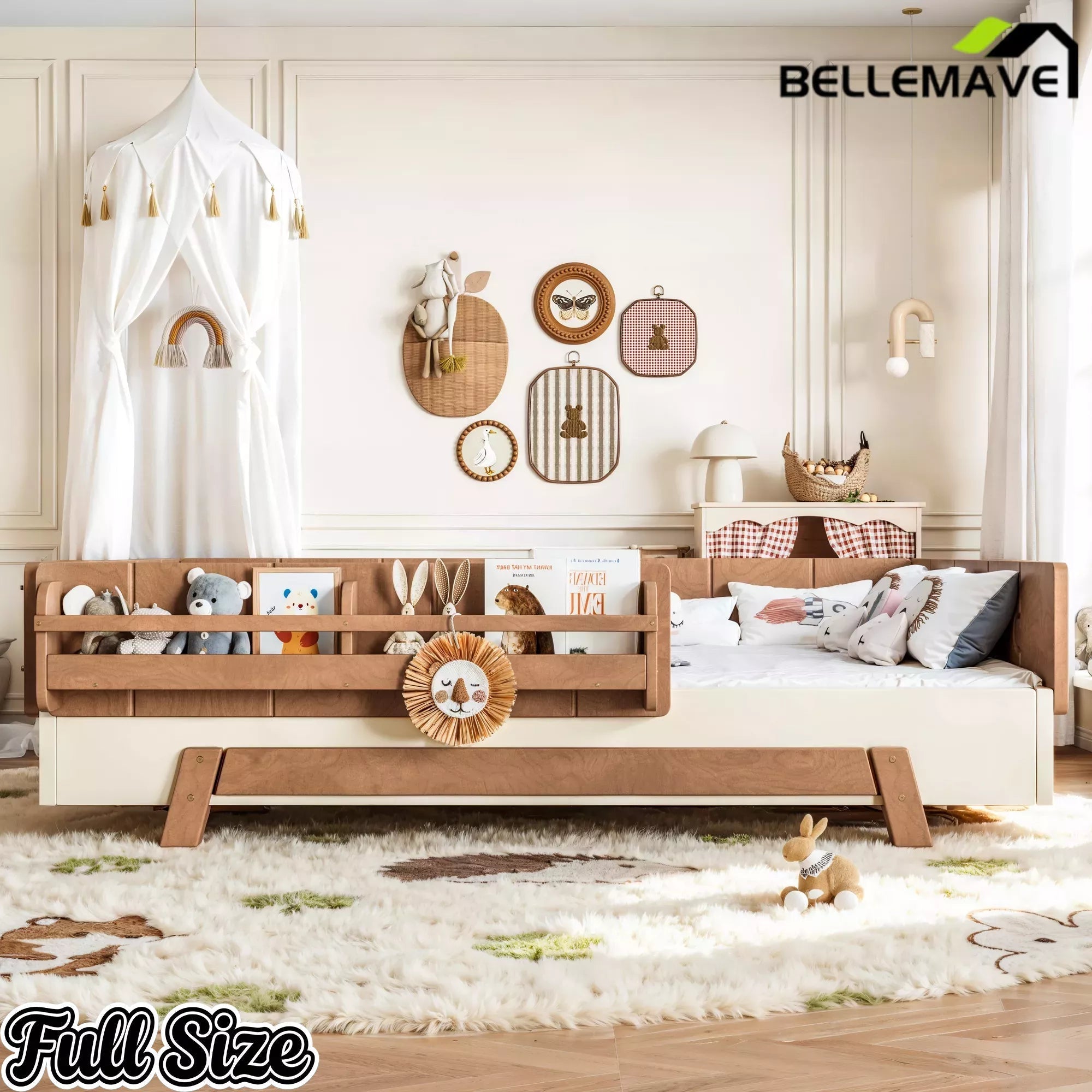 Bellemave® Low Profile Floor Bed with Bookshelves & Guardrails – Solid Wood Twin Montessori - Bellemave