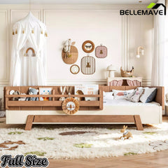Bellemave® Low Profile Floor Bed with Bookshelves & Guardrails – Solid Wood Twin Montessori - Bellemave